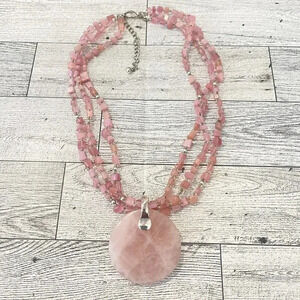 Vintage VTG Multi-Strand Pink Bead Necklace With Rose Quartz Enhancer 16-18”